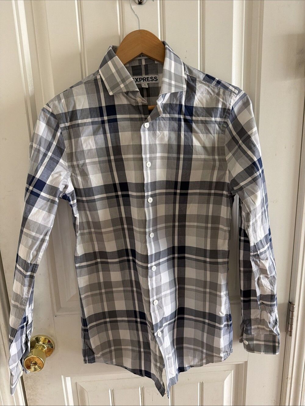 NWT Express Mens Blue Gray Plaid Cotton Long Sleeve Dress Shirt Size XS